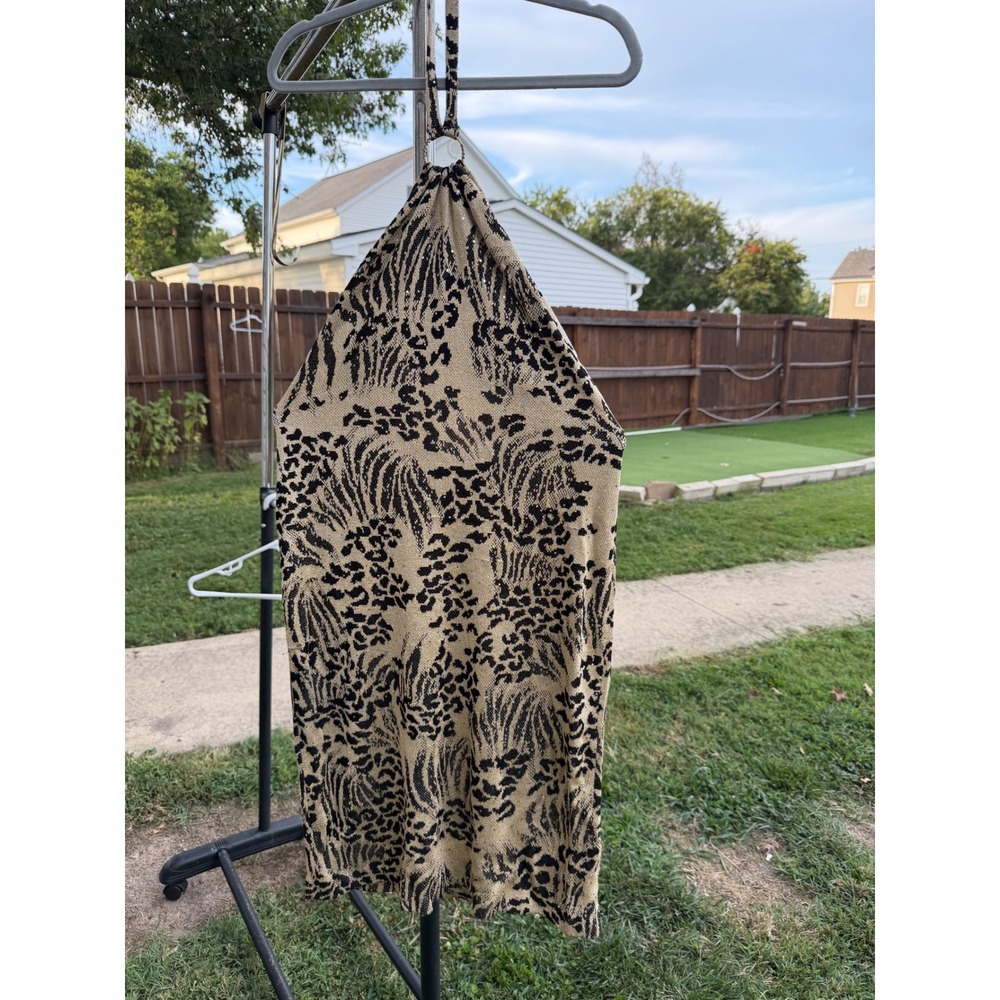 St John Evening Marie Gray Animal Print Sequin Halter Top Gold Black Vintage Y2K